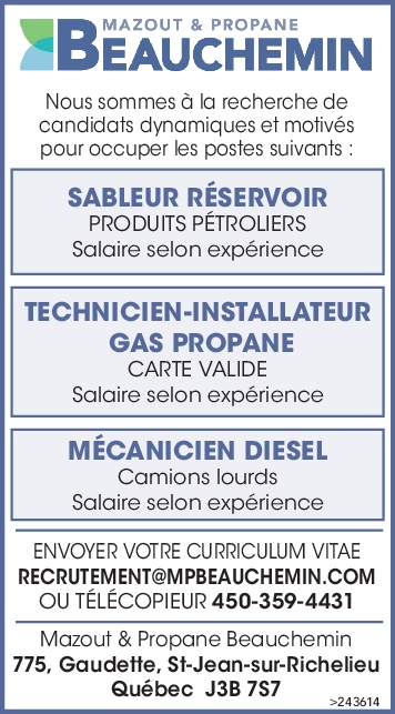 Logo de SABLEUR RÉSERVOIR / TECHNICIEN-INSTALLATEUR GAS PROPANE / MÉCANICIEN DIESEL